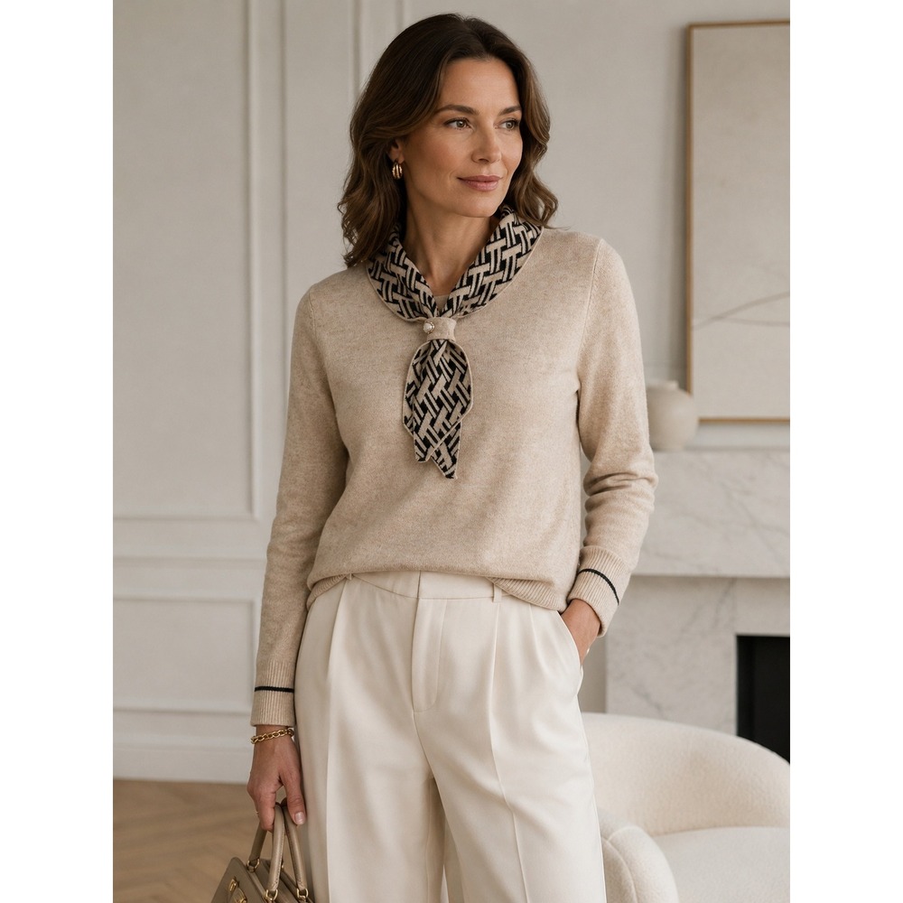 Boho Glam QuiteLuxury Minimalist RetroFrench Beige Knit Sailor‎ Collar L Sweater